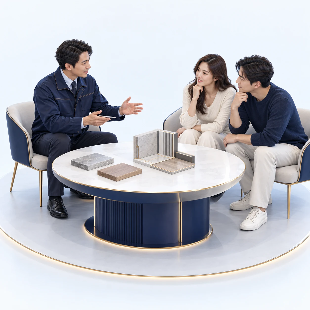 立體視覺示意:業主與顧問圍坐在方案桌前,討論材料與施工方式